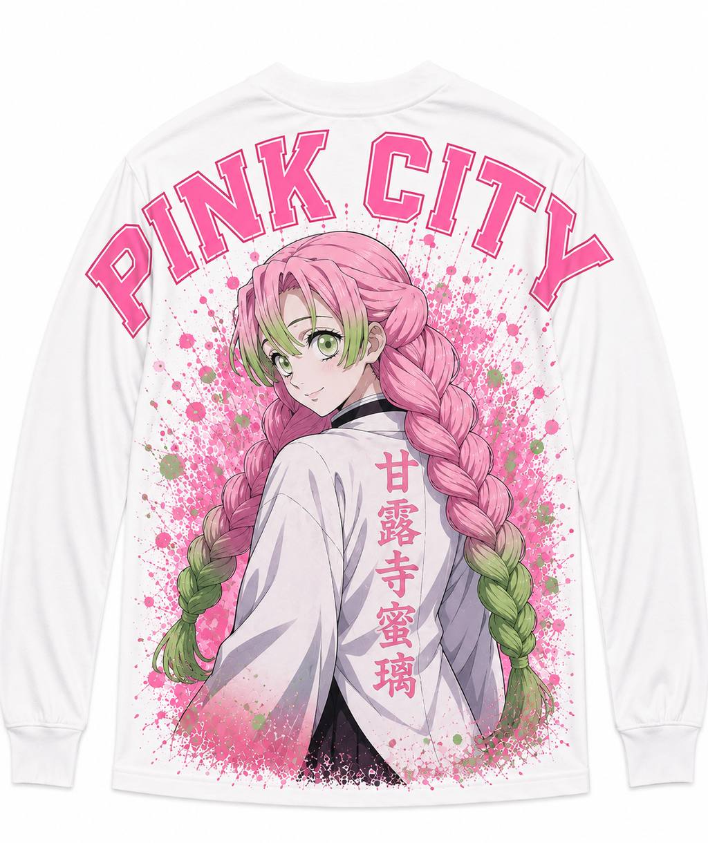 Pink City Anime Long Sleeve Tee - Back Graphic