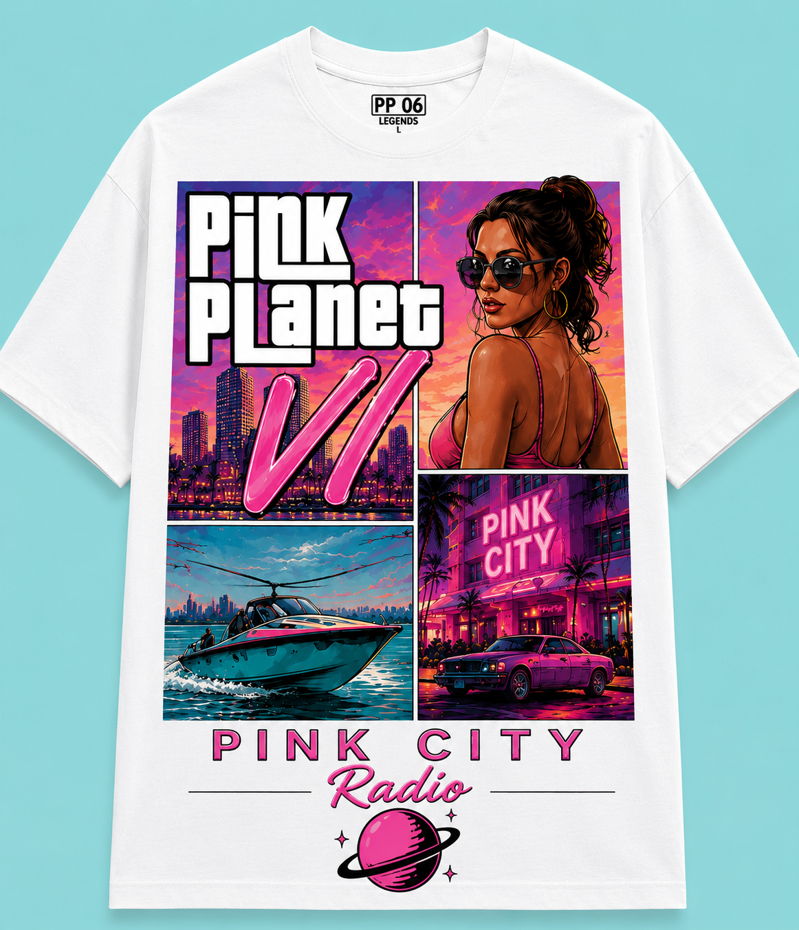 Sand Pink Planet VI Pink City girl leaning on car tee