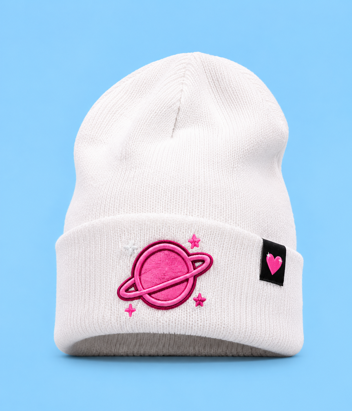 Pink Planet Cosmic Beanie with embroidered Saturn patch