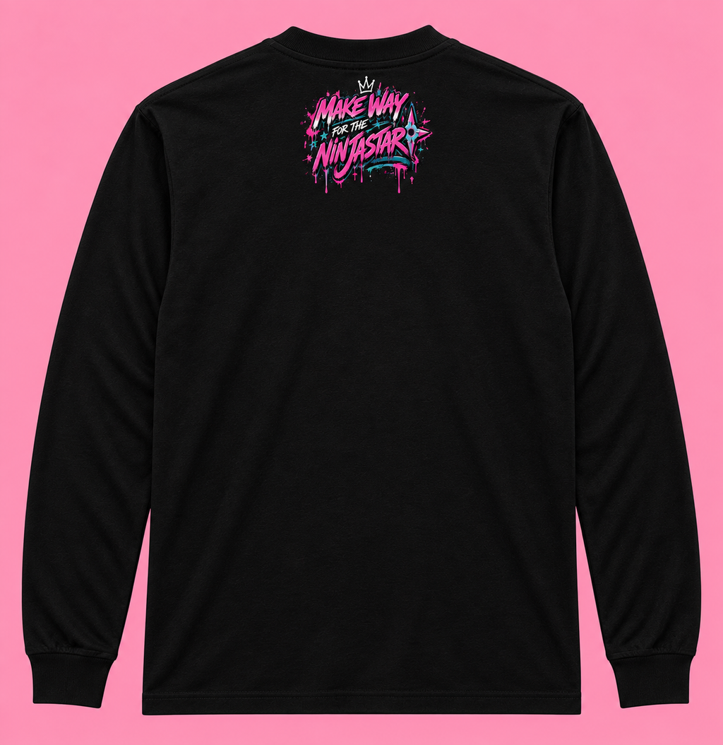 Back of black Pink City 06 Ninastar long-sleeve graphic tee with Pink City character artwork