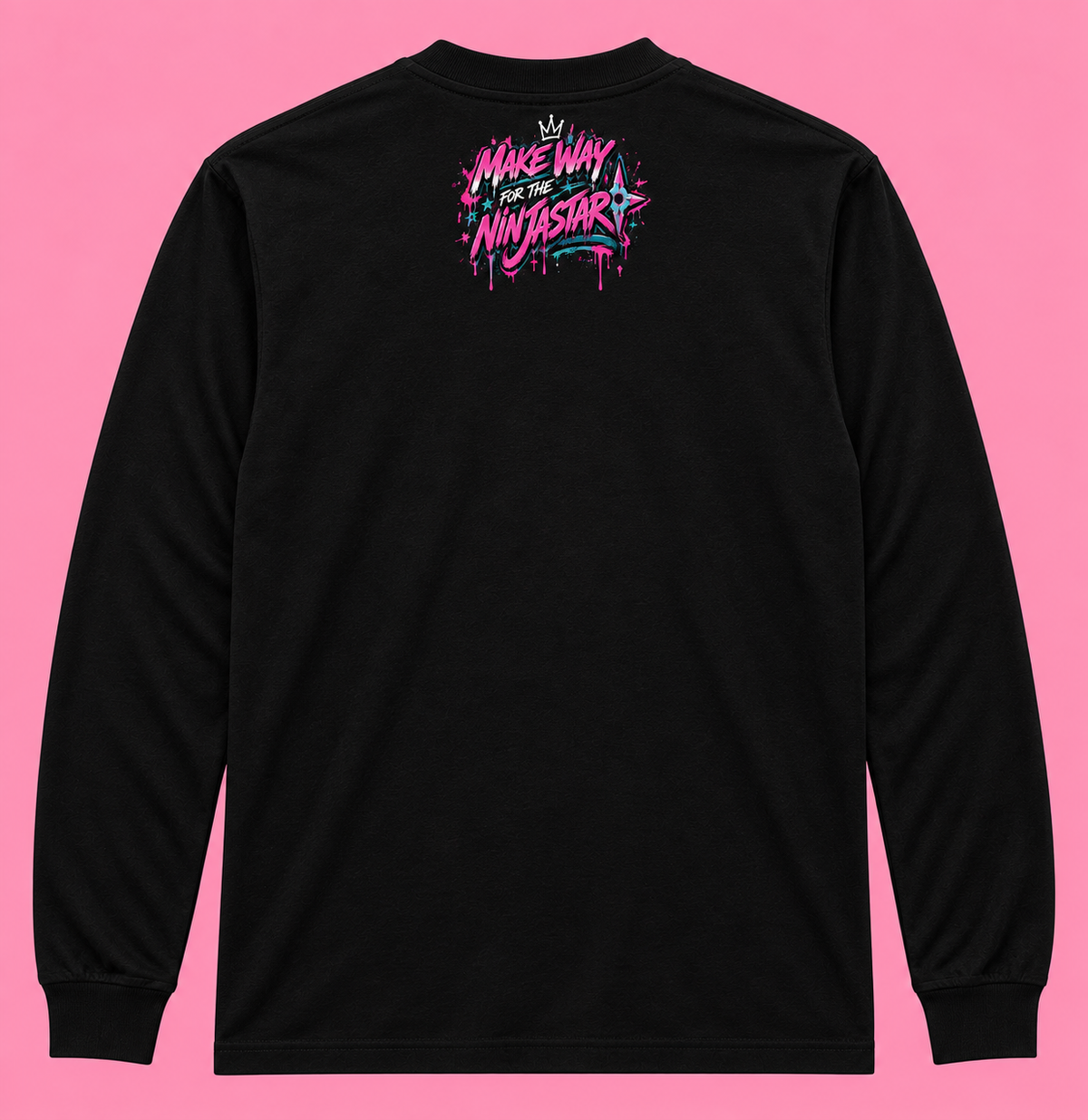 Back of black Pink City 06 Ninastar long-sleeve graphic tee with Pink City character artwork