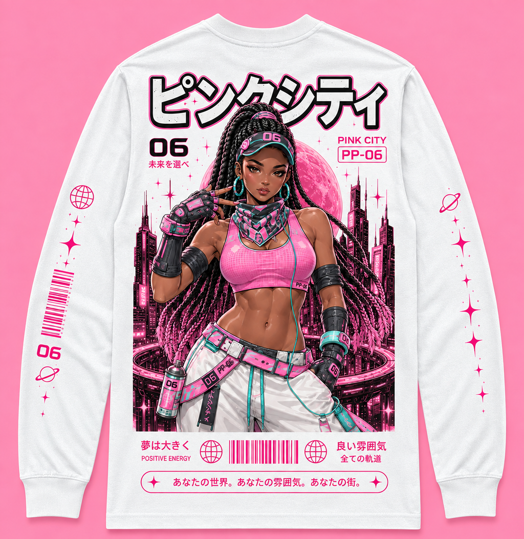 Back of white Pink City 06 Ninastar long-sleeve graphic tee on a pink background