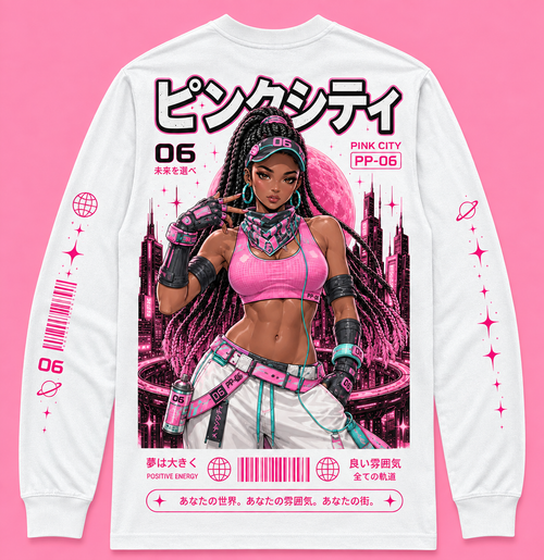 Back of white Pink City 06 Ninastar long-sleeve graphic tee on a pink background