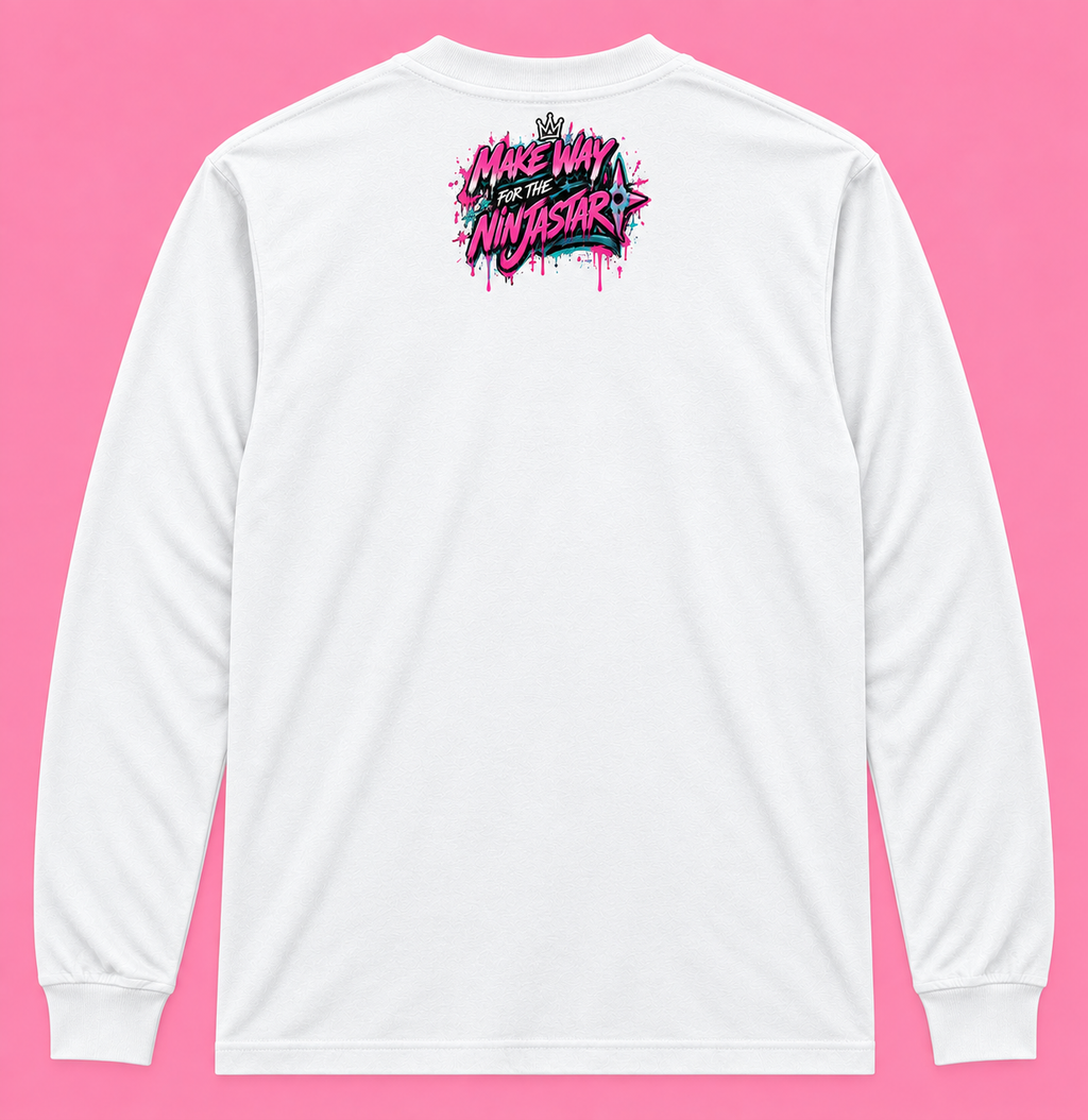 Front of white Pink City 06 Ninastar long-sleeve graphic tee with Pink City artwork on a pink background