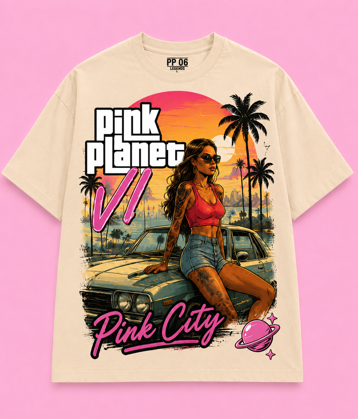 White Pink Planet VII Pink City Radio collage tee