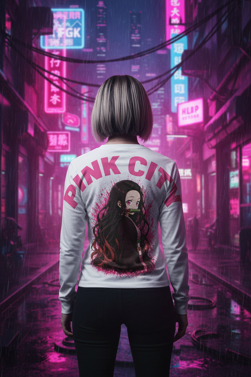 Female model - Pink City Nezuko tee back view