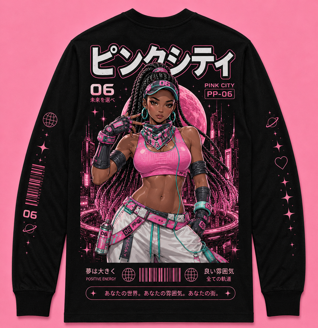 Front of black Pink City 06 Ninastar long-sleeve graphic tee on a pink background
