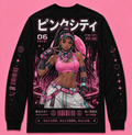 Front of black Pink City 06 Ninastar long-sleeve graphic tee on a pink background