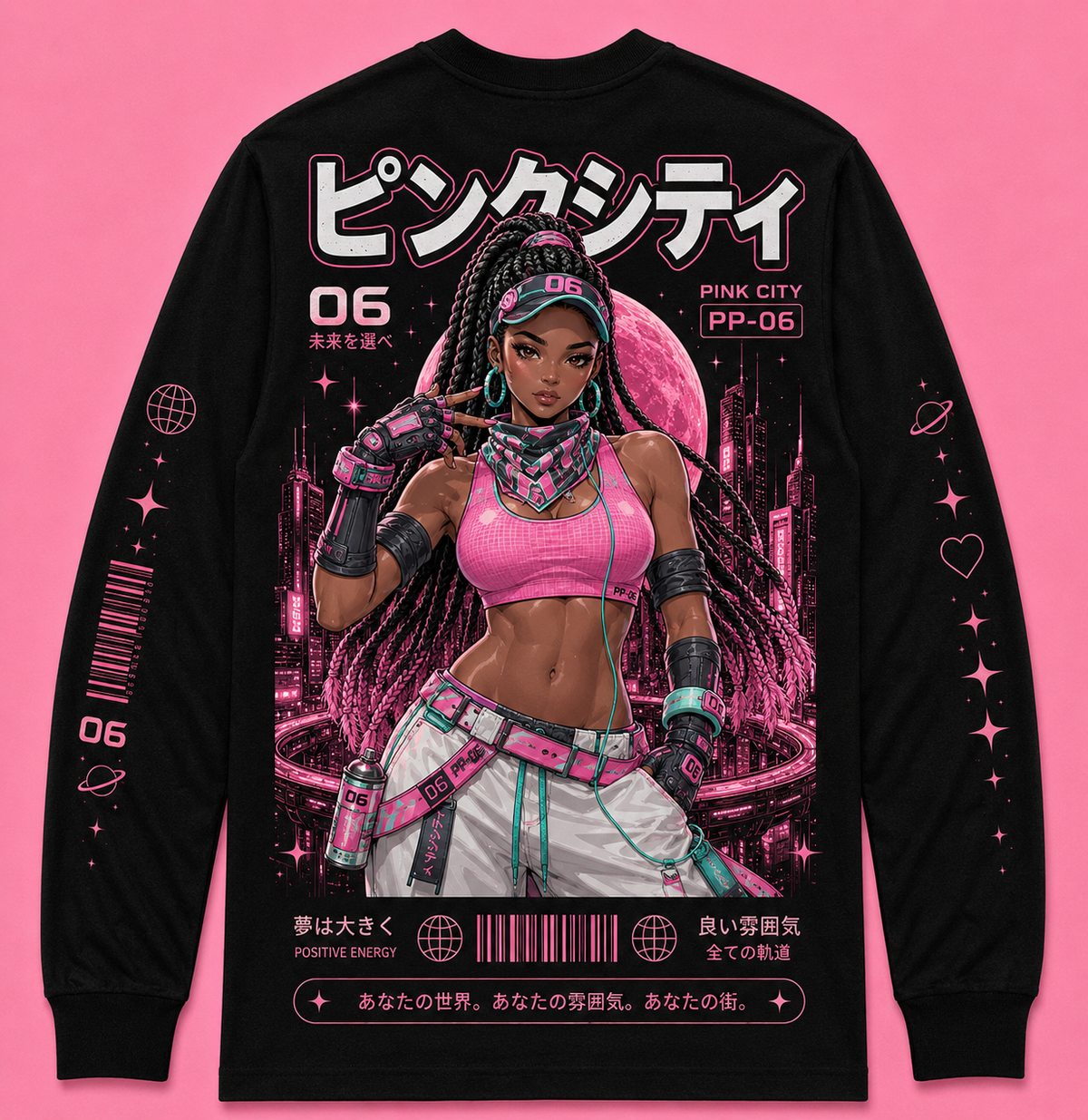 Front of black Pink City 06 Ninastar long-sleeve graphic tee on a pink background