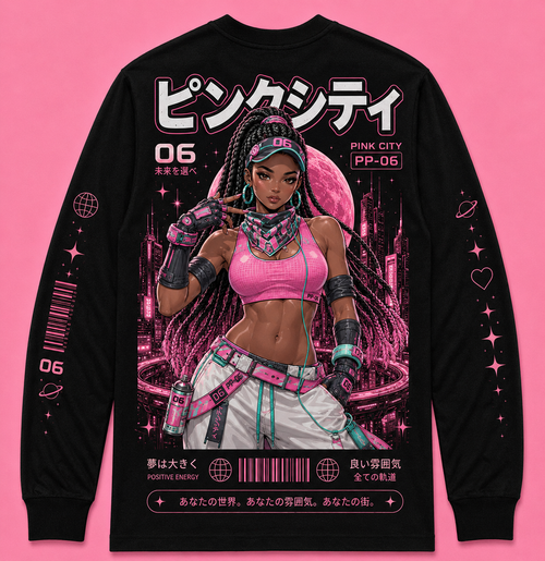 Front of black Pink City 06 Ninastar long-sleeve graphic tee on a pink background