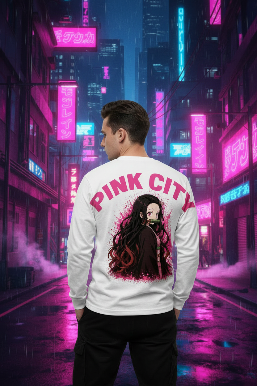 Male model - Nezuko tee, larger Pink City text